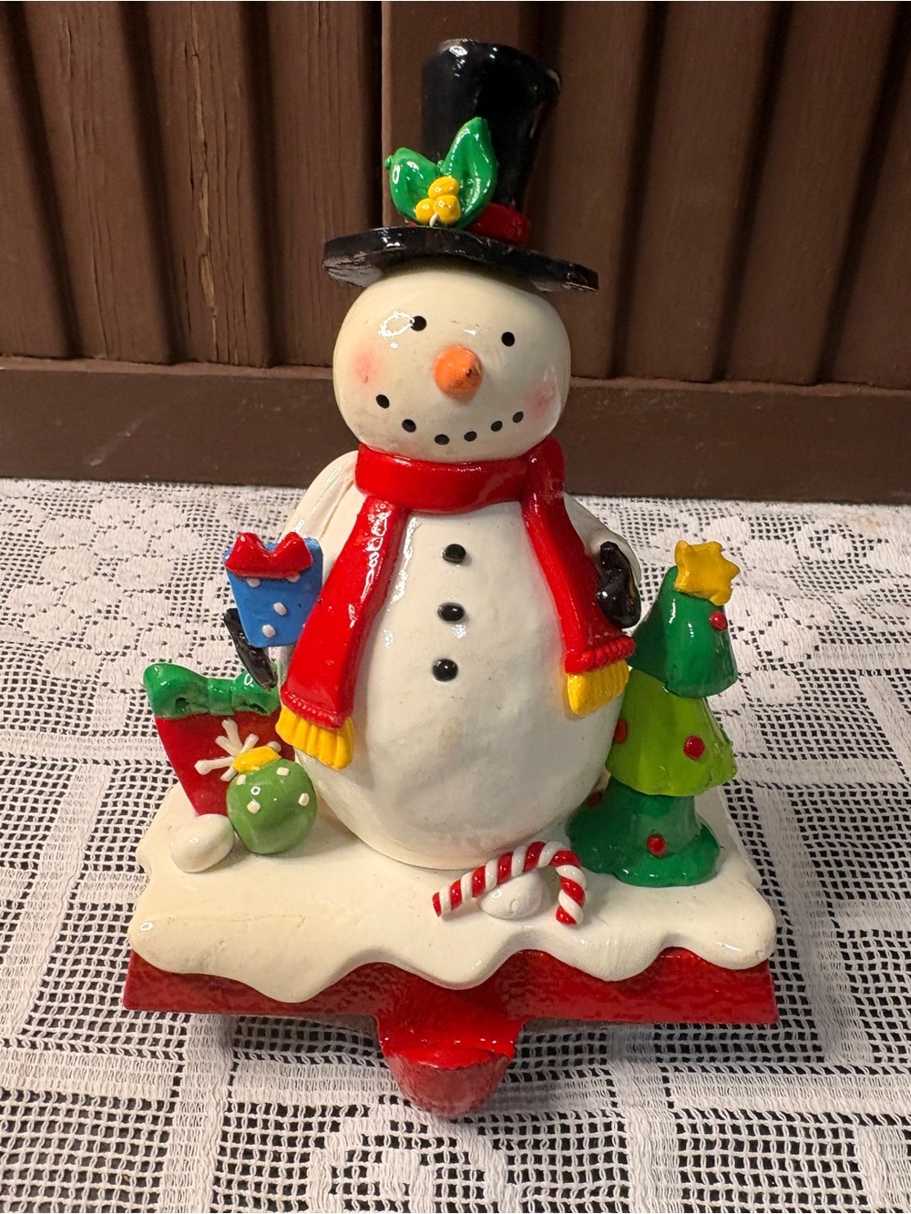 Christmas Shoppe Snowman Tree Presents Candy Cane Stocking Holder Mantel